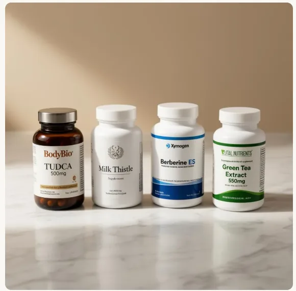 Supplement bottles including TUDCA, Milk Thistle, Berberine, and Green Tea Extract
